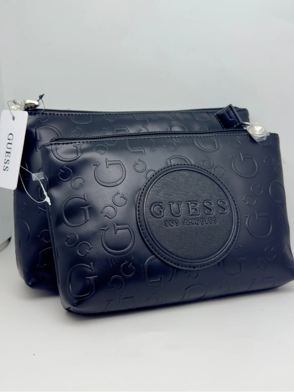 NWT GUESS 2pc Black with Logo Design Forber Travel Bag Cosmetic Pouch Unisex
